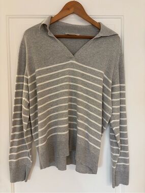 LOFT Grey & White Striped Collared V-Neck Knit Sweater